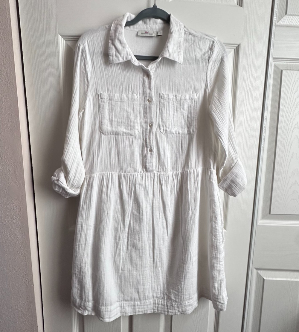 Vineyard Vines Womens 4 Gauzy White Cotton Drop Waist Shirt Dress Preppy Beach